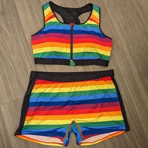 TomboyX Plus 2pc Swimsuit Racerback Zip bra and 4.5in short rainbow stripe pride